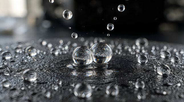 Clear water drops falling on a dark reflective surface