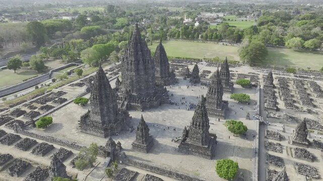 Aerial view of the historical sites of Prambanan Temple in Yogyakarta, Java, Indonesia