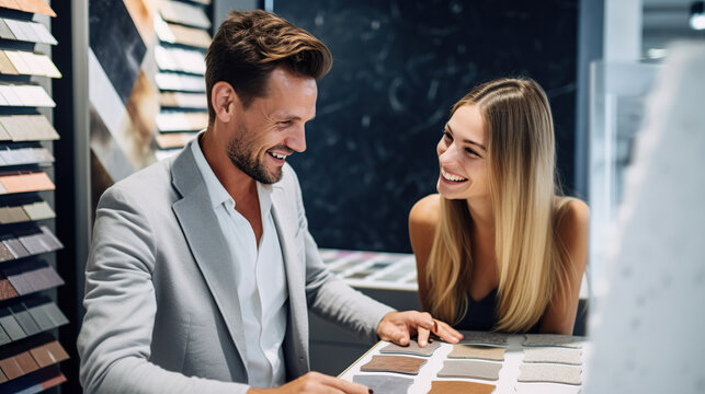 smiling couple looking at tile samples. home improvement consulting, interior design choosing.