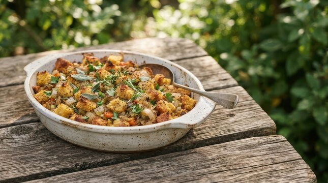 Delicious homemade stuffing or savory bread pudding casserole, garnished with fresh herbs, perfect for holiday meals and comforting fall harvest food traditions. Rustic dish on wooden table.