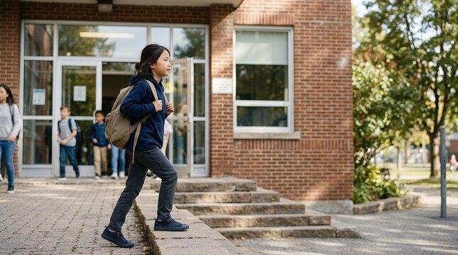 A young girl with a backpack walking up the steps to enter her school building.