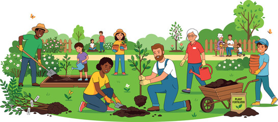 Fototapeta premium Flat vector illustration of diverse community people volunteering together for seasonal gardening and planting trees in public park