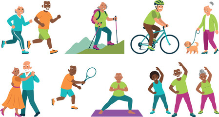 Fototapeta premium Flat vector illustration set of active senior citizens exercising featuring jogging cycling hiking dancing tennis and yoga practices