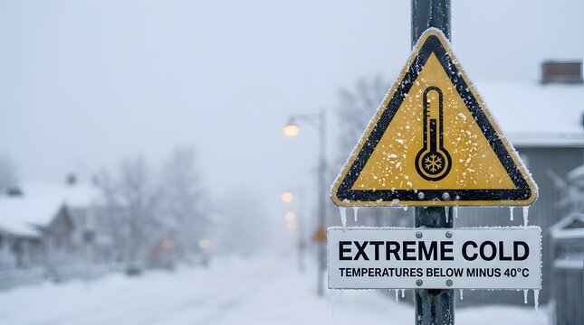Extreme cold weather warning sign covered in frost on freezing snowy city street during severe winter blizzard conditions