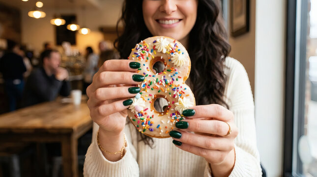 Smiling Woman Holding Sprinkle-Covered Number Eight Donut in Cozy Cafe With Green Nail Polish