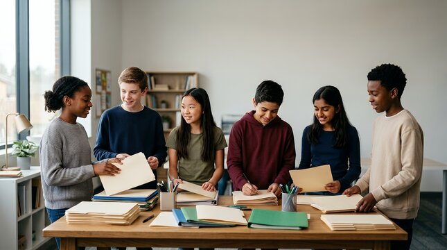 Diverse group of students working together on a project in a modern classroom.