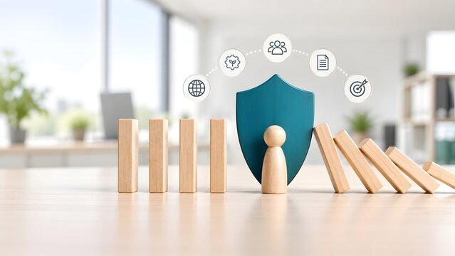 Business leader concept with wooden figures establishing corporate security and strategic planning