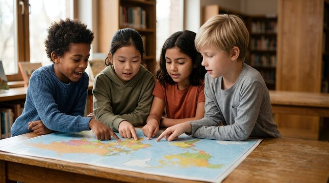 Diverse group of happy children looking at a world map in a library.
