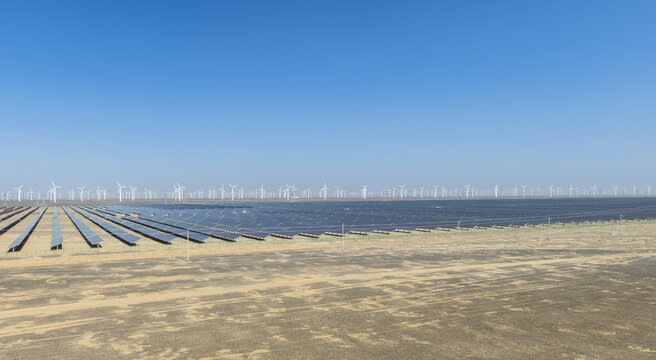 Massive Solar Panels and Wind Turbines in Desert Gobi Renewable Energy Farm