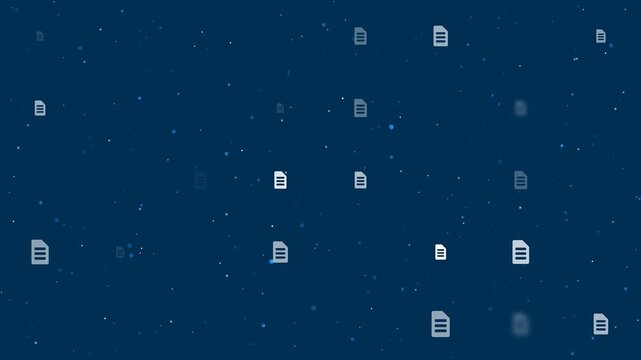 Template animation of evenly spaced document symbols of different sizes and opacity. Animation of transparency and size. Seamless looped 4k animation on dark blue background with stars