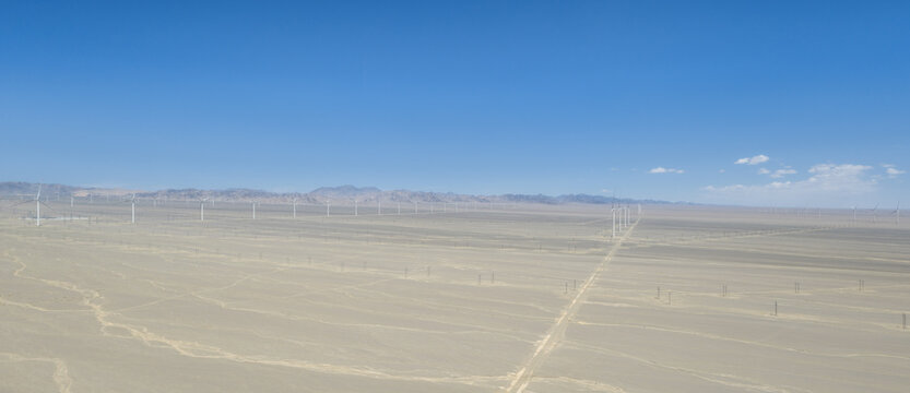 Vast Wind Farm in Arid Gobi Desert Landscape Under Clear Blue Sky
