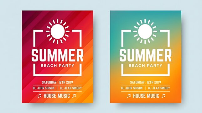 Two vertical summer beach party event flyers with gradient backgrounds and sun icons on light blue with event posters