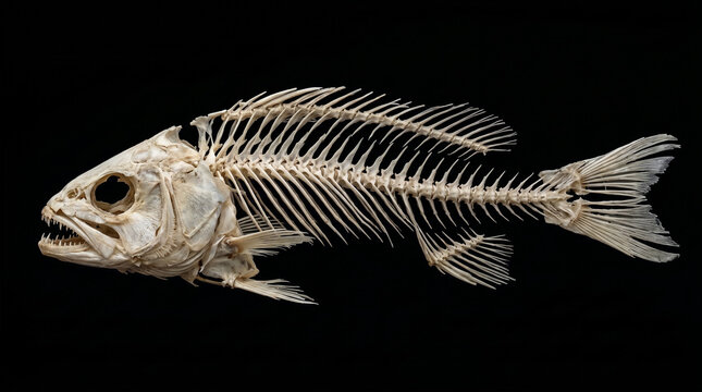 Complete fish skeleton isolated on a solid black background showing detailed anatomical structure