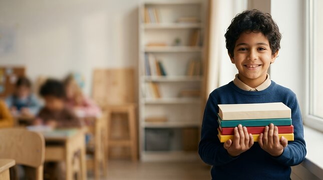 A young smiling boy holding a stack of books in a classroom setting.