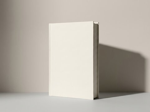 Blank hardcover book mockup standing upright with a soft shadow on a simple neutral surface. book mockup psd