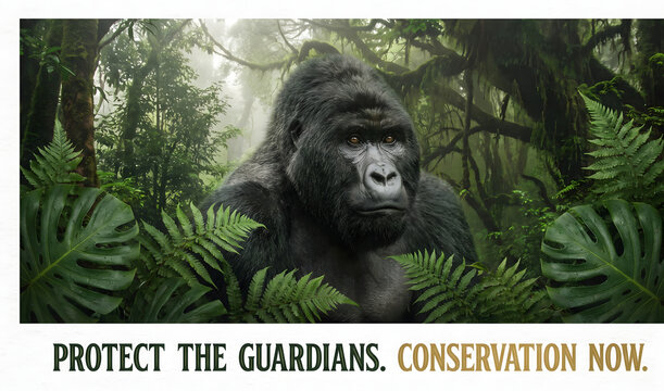 World Animal Day, Majestic silverback gorilla in lush green misty rainforest calling for habitat conservation.