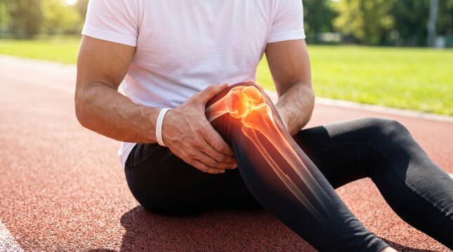 Male athlete sitting on a running track holding his painful knee with glowing red joint inflammation illustration.