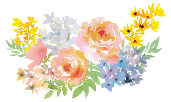 Watercolor Floral Bouquet Illustration with Abstract Hand-Painted Coral Pink Roses, Wildflowers, and Leaves for Wedding Invitations, Greeting Cards, Stationery, and Surface Design
