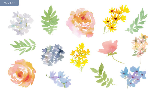 Watercolor Vector Floral Clipart Set with Abstract Hand-Painted Coral Pink Roses, Wildflowers, and Leaves for Wedding Invitations, Stationery, and Surface Design