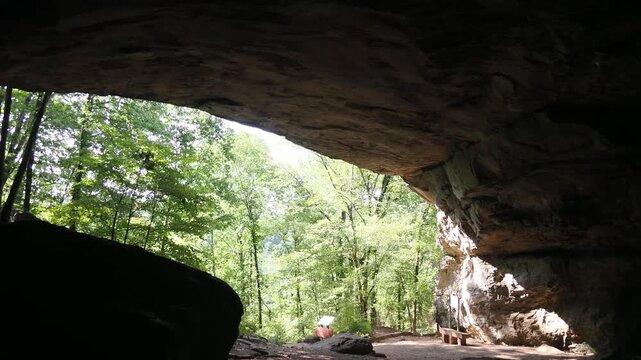 View from inside a large rock shelter looking out into a forest