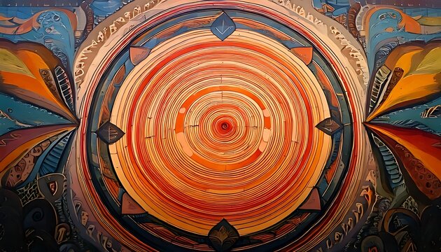 Abstract Mandala Painting with Vibrant Circular Patterns and Geometric Shapes.
