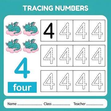 Numbers tracing worksheet page with cute dragon characters sleeping on fluffy pink clouds