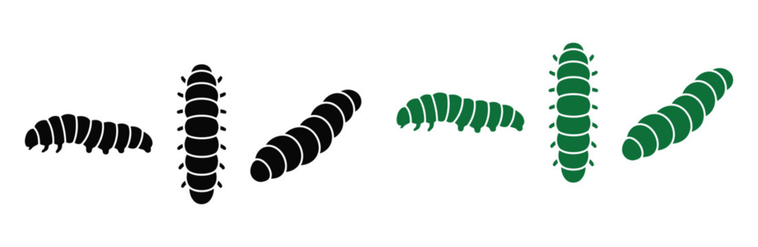 Set of black and green caterpillar icons in different positions