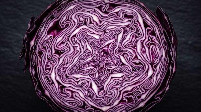Cross section of red cabbage reveals complex fractal patterns in dark moody studio light.