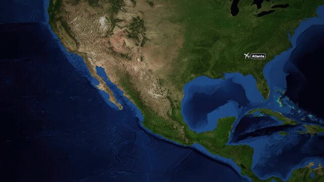 Animated Flight Route Map from Atlanta to San Francisco Across North America