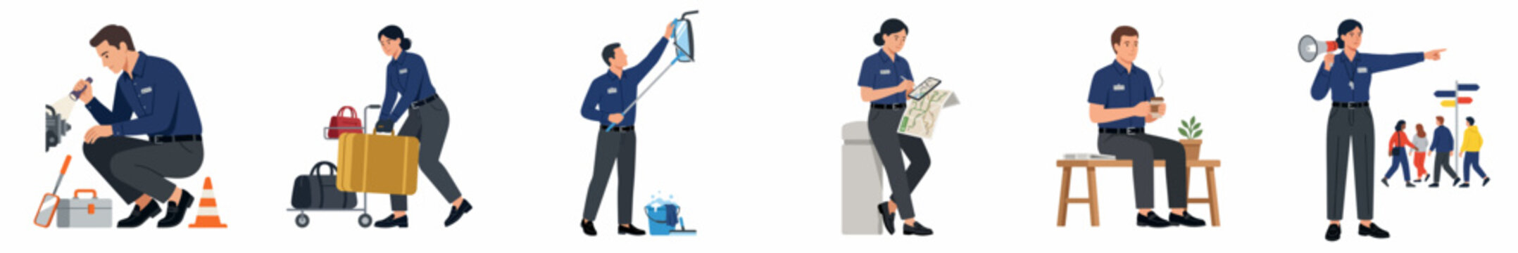 Set of flat illustrations featuring various professional service workers in uniform performing tasks like maintenance, cleaning, luggage handling, and supervision.