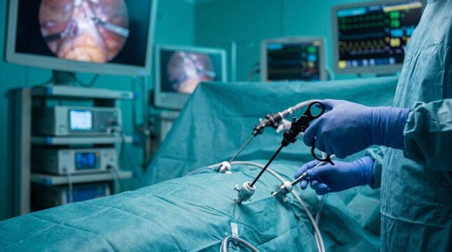 Surgeon performing a laparoscopic procedure in an operating room with multiple monitors displaying internal views and patient vital signs.