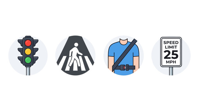 Road Safety Awareness Icons Set Featuring Traffic Signals, Pedestrian Crossing, Seatbelt Usage, and Speed Limit Signage
