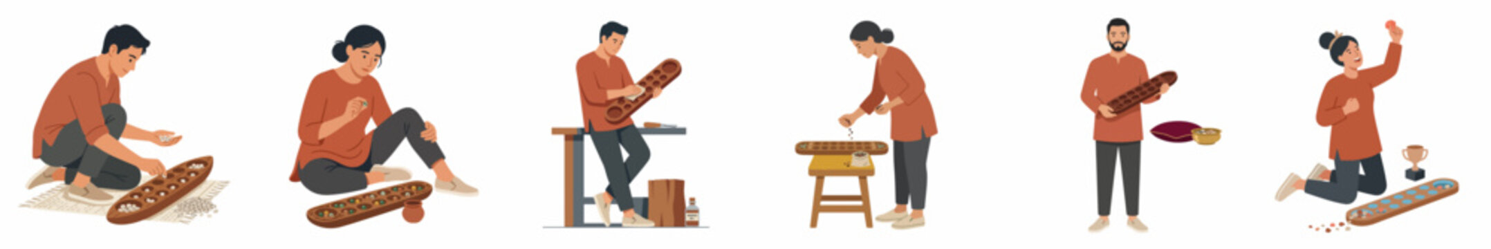 Flat vector illustrations of diverse people playing and holding traditional mancala or congkak board games, set in various poses on a white background.