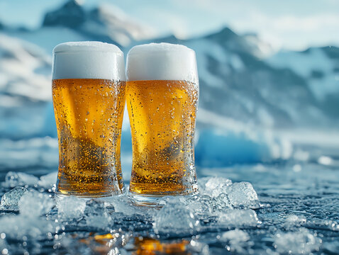 Two frosty golden beer glass mockups with white foam on ice cubes