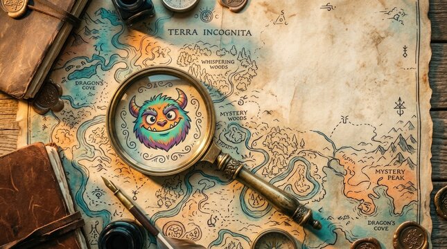 Vintage Map with Magnifying Glass and Cartoon Illustration