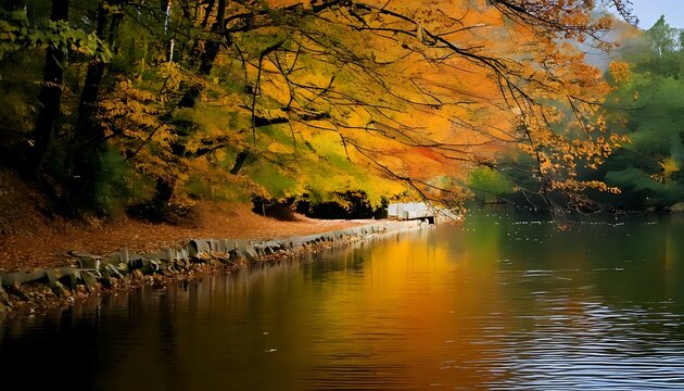 Beautiful Autumn Landscape with Golden Trees Reflected in a Calm Lake.
