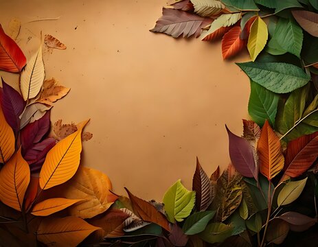Beautiful autumn leaf border frame on brown background.