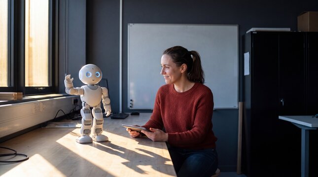 Woman researcher smiling at a small white humanoid robot waving on a sunlit desk