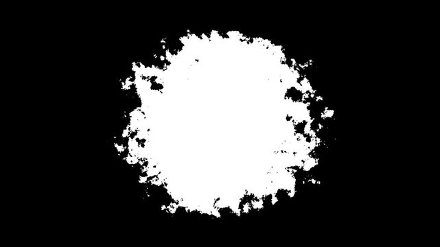 Abstract ink blot transition matte, organic white liquid shape expanding on black background, alpha