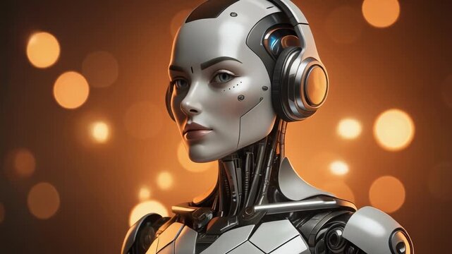 Firefly sleek robot with headphones in warm glowing background exploring futuristic technology and innovation