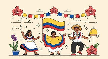 Fototapeta premium Colombia Independence Day dancers with flag and flowers.