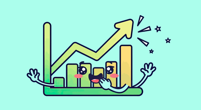 Cute cartoon bar chart with growth arrow.