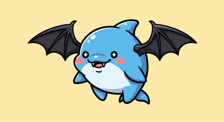 Fototapeta premium Cute blue shark character with black bat wings.
