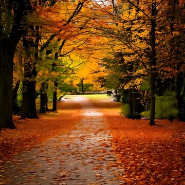 Beautiful autumn scenery with a walking path covered in vibrant orange leaves.