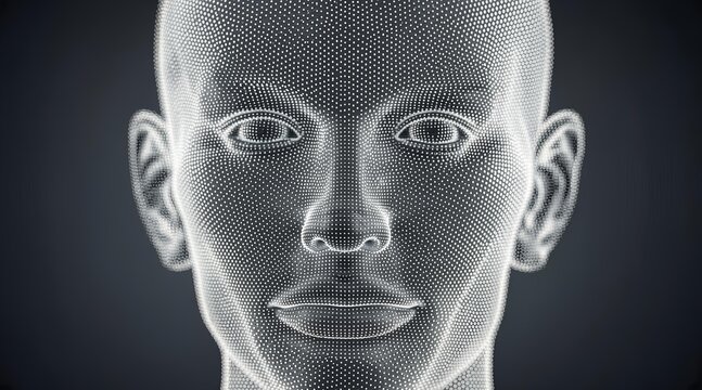 Digital human face wireframe mesh representing artificial intelligence and computer generated virtual reality technology