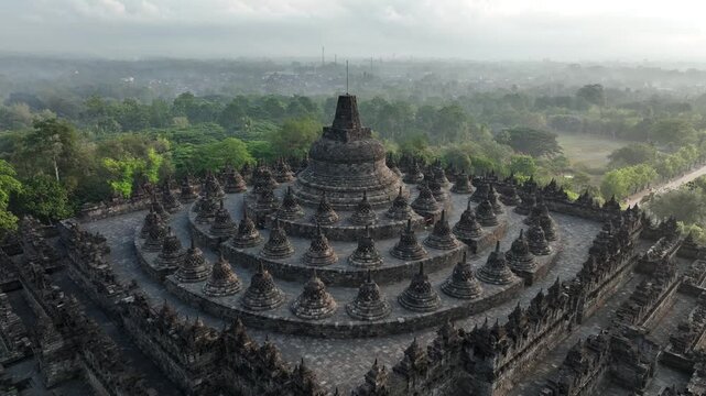 Aerial view of Borobudur Temple in Yogyakarta, Java, Indonesia at sunrise.