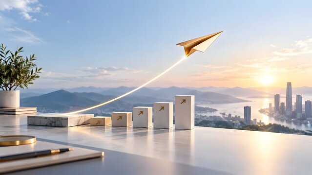Conceptual golden paper plane soaring above a marble bar chart with upward arrows against a sunrise city skyline, symbolizing business growth, startup success, and financial leadership.