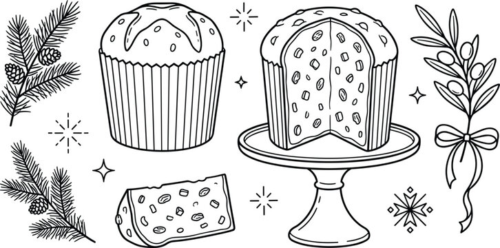 Traditional Christmas panettone sweet bread vector line art set with cake stand pine branches olive branch and sparkles isolated on white