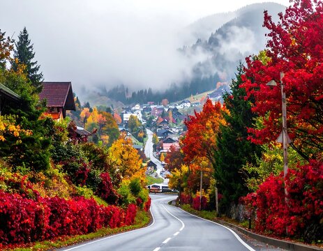 Beautiful autumn road leading into a foggy mountain village in Germany.