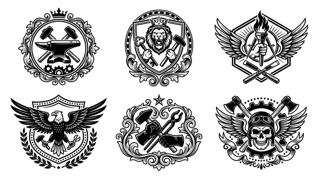 Monochrome Craftsmanship  Trades Vector Badges: Vintage Industrial Blacksmith Emblems